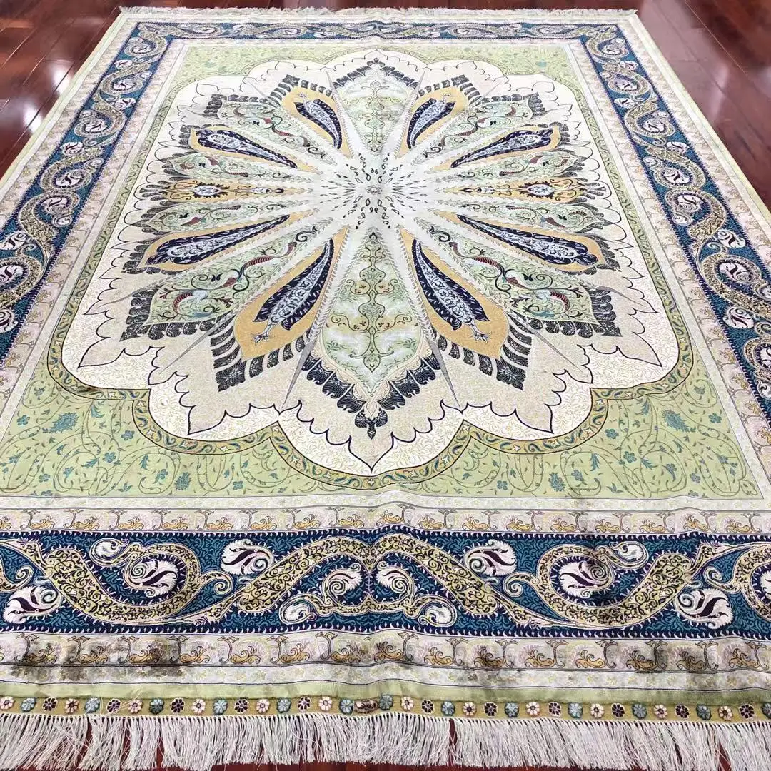 Silk Rug Handmade Turkish Carpet  Green Floral Home Decor Living Room Rugs Size 8'X11'