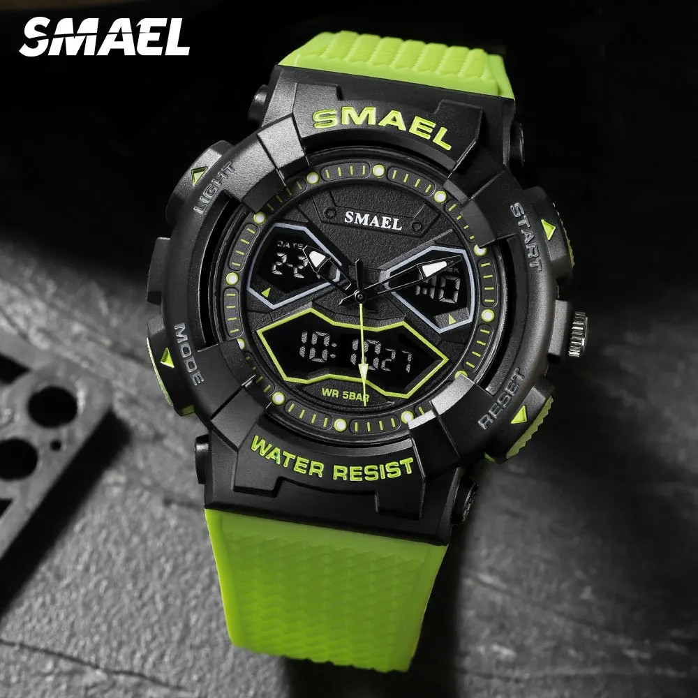 SMAEL Dual Time Digital Watch for Men Military Sport Green Chronograph Quartz Wristwatch with Auto Date Week Waterproof 8073