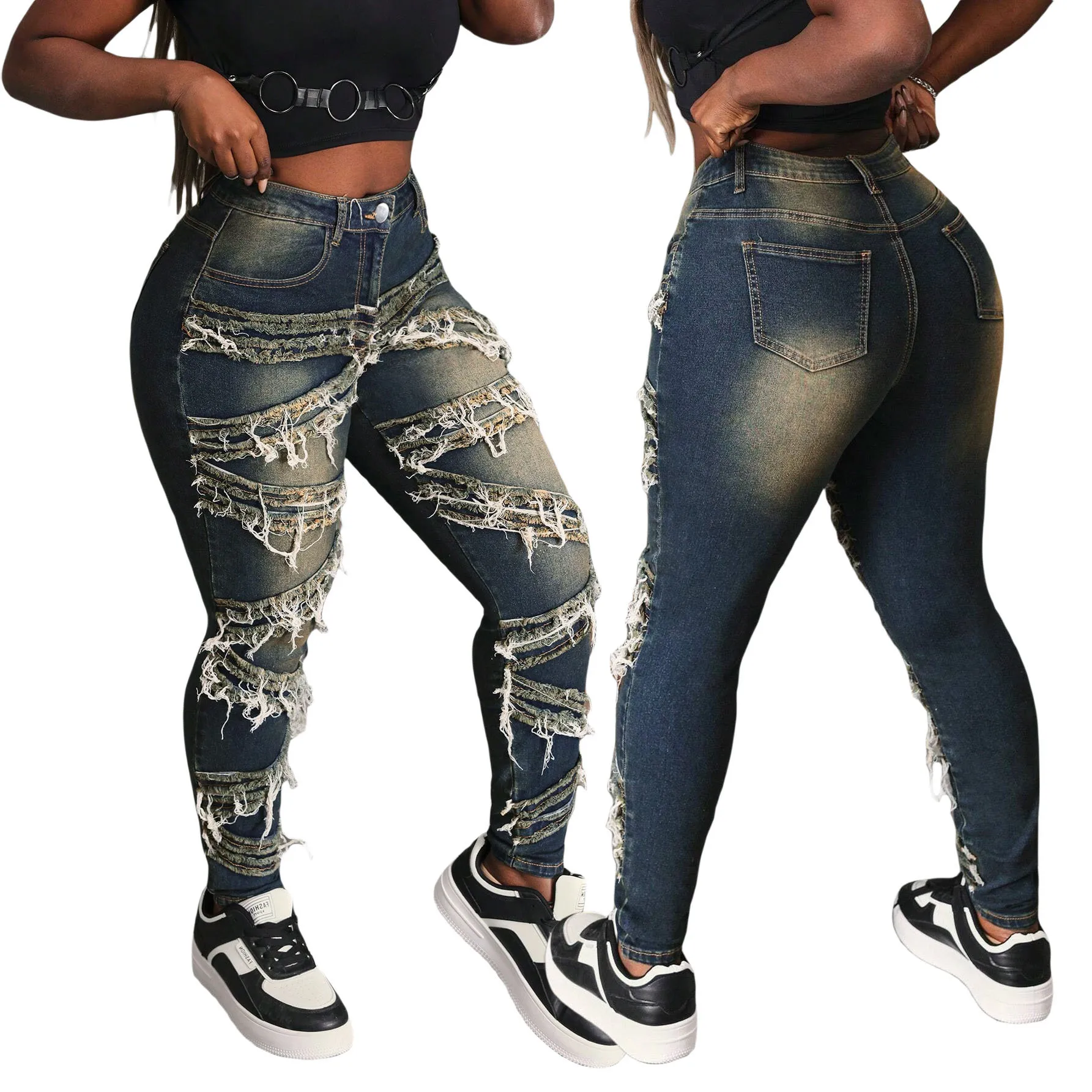 유럽 ​​미국 여성 스트리트 패션 청바지, 사계절 스트레치 슬리밍 고양이 수염 하이 웨이스트 스키니 청바지 펜슬 바지