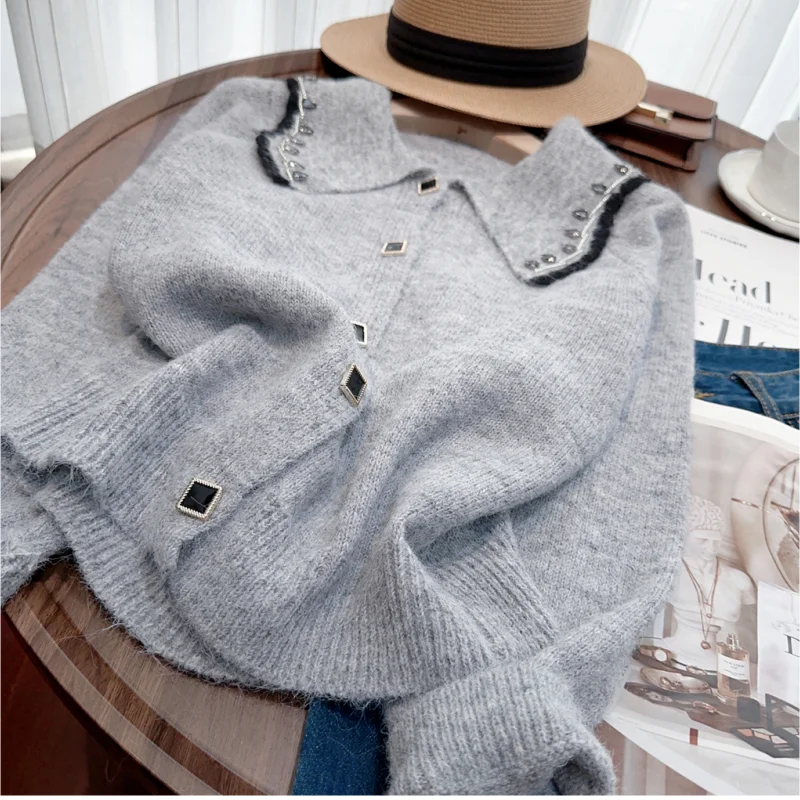 2024 Grey Grey Cardigan Women Clothing Knitting Sweater Korean Y2k Jacket Cashmere Coat Female Sweater Winter Doll Collar Tops