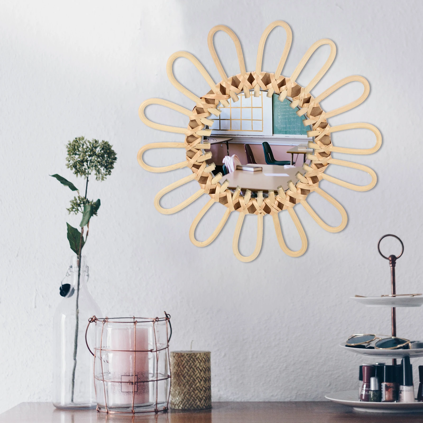 

Wicker Decorative Mirror 31x14 H woven Wall Mount Minimalist Bathroom Bedroom Living Room Chic Glass Adornment