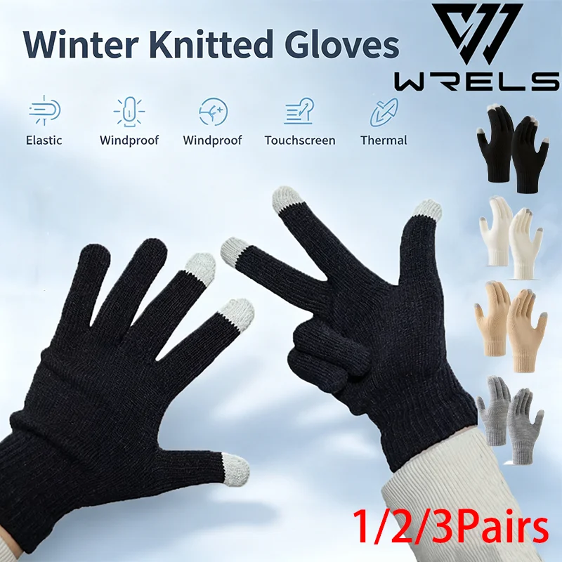 1/2/3Pairs Winter Unisex Knitted Gloves Elastic Windproof Touch Screen Cycling Gloves Thermal Cold Resistant Outdoor Gloves