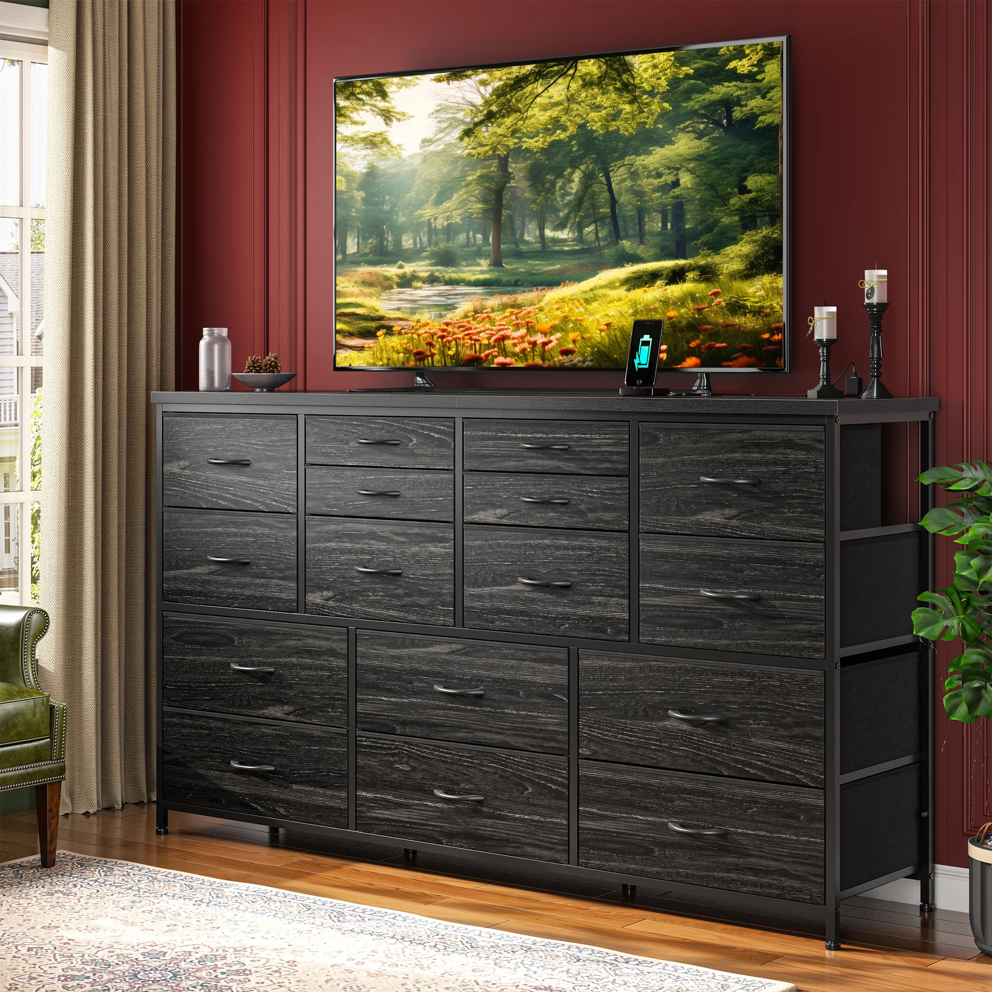 16-Drawer Fabric Dresser with Charging Station - Versatile TV Stand for 60