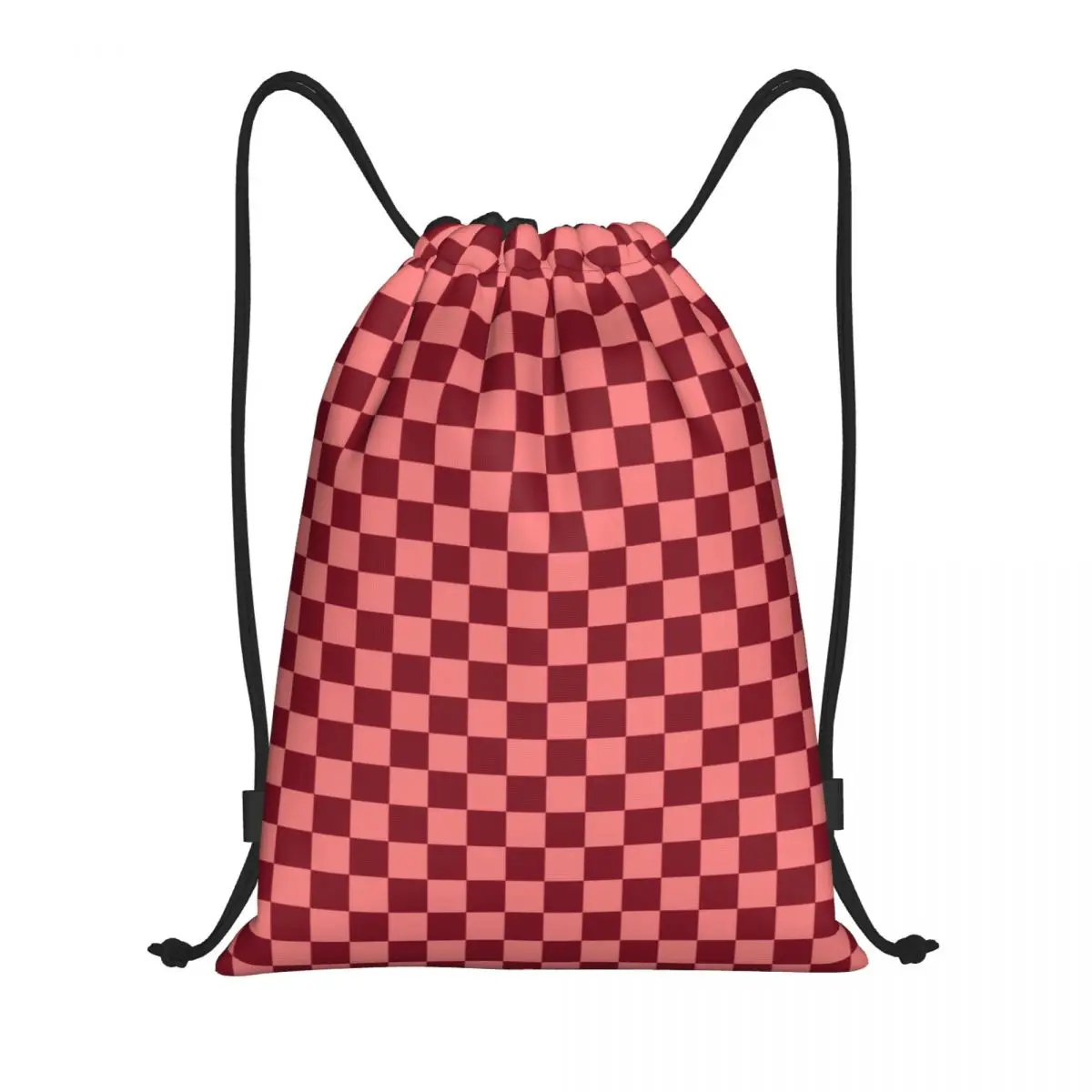 Mochila con cordón a cuadros de tablero de ajedrez rosa Coral y rojo burdeos, mochila deportiva para gimnasio para hombres y mujeres, bolsa de compras portátil