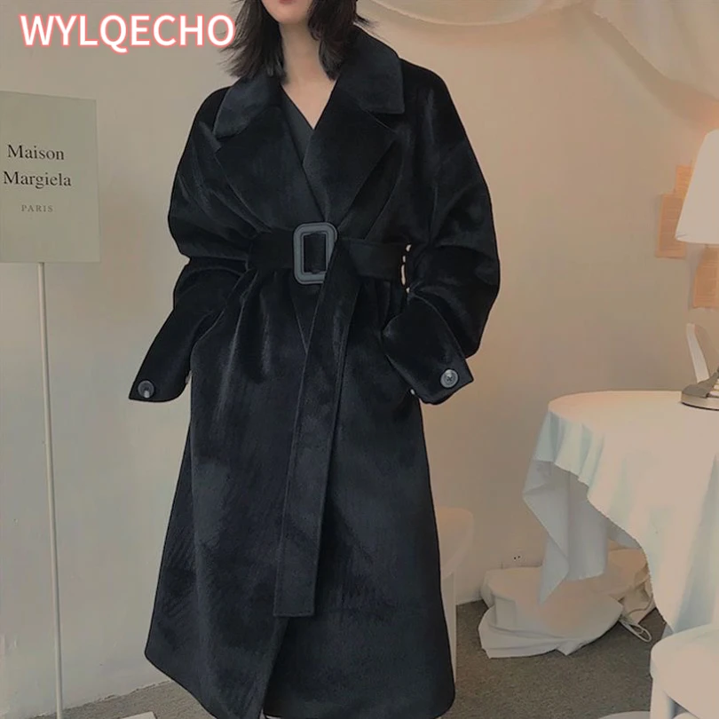 Winter Long Oversized Woolen Coat for Women Lapel Loose Padded Plush Imitation Mink Coat Stylish Black Women Clothes Streetwear