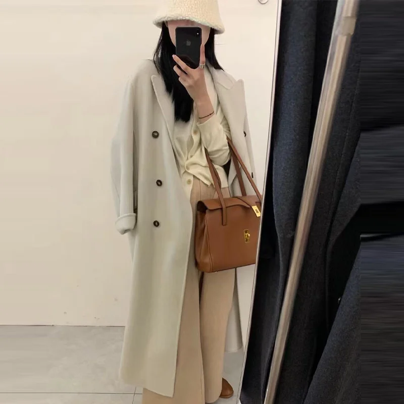 

2023 Winter New 20 Cashmere Coat Women's Long Over Knee Style Suit Collar Double Sided Wool Coat