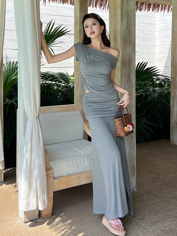 

Summer New Chic Off-Shoulder T-Shirt And High-Waisted Skirt Women's Fashion Set High Elasticity Short Sleeve Casual Wear