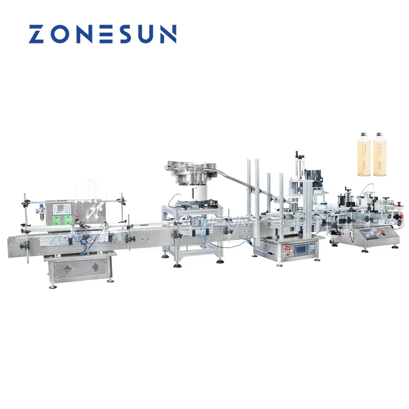 ZONESUN Automatic Drink Essential Oil Round Vial Liquid Filling Capping And Labeling Machine Line With Vibratory Bowl
