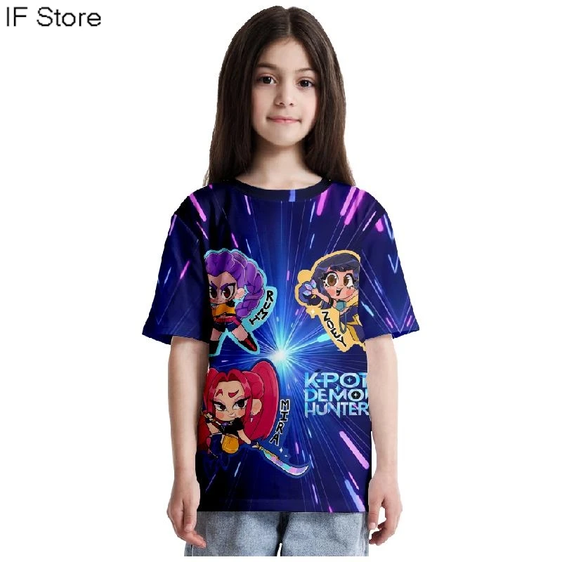 

Детская футболка KPop Demon Hunters Merch 2025, мужская футболка с короткими рукавами, топы унисекс, повседневная женская одежда Y2K, 120-4XL