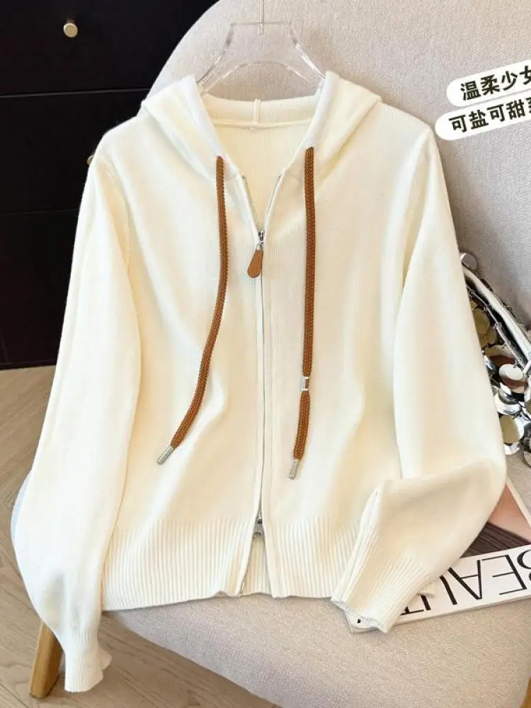 

Women Grey Versatile Hooded Short Sweater 2025 Autumn Winter Beige Cardigan Double Zipper Long Sleeve Knit Tops Fashion Trendy