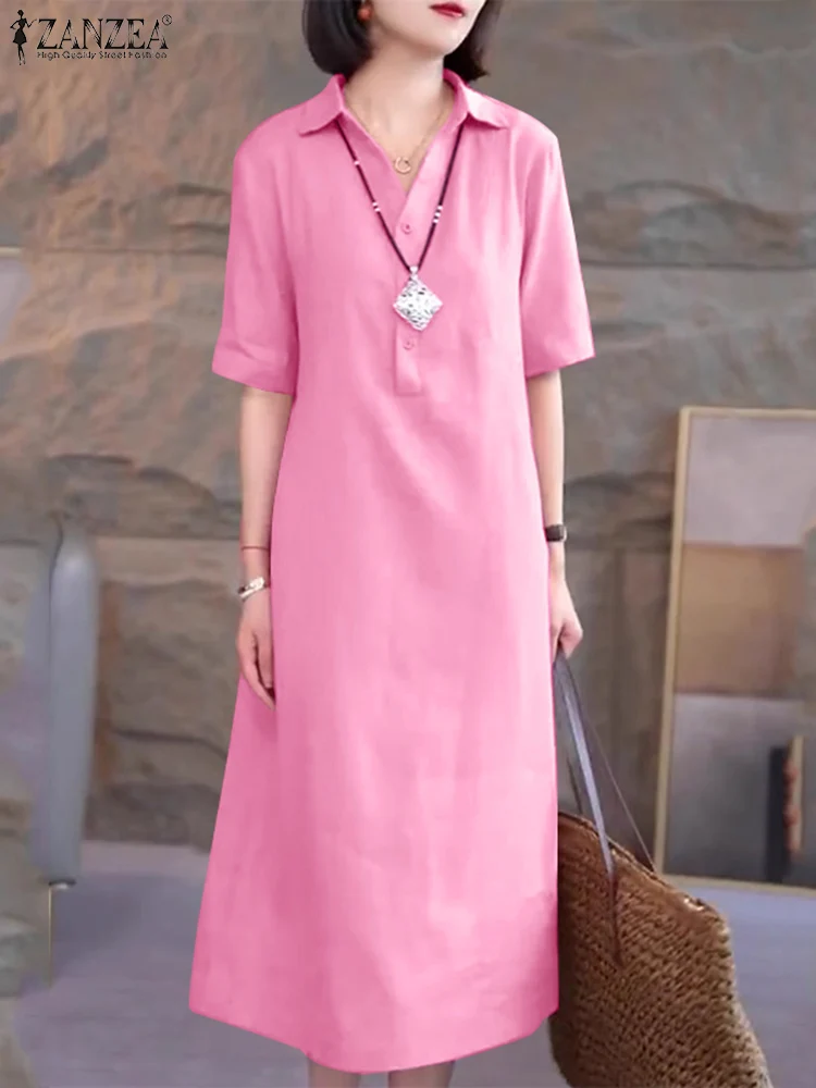 

Elegant Solid Shirt Dress Women Summer Sundress ZANZEA Fashion Lapel Neck Short Sleeve Robe Casual OL Work Vestidos Oversize