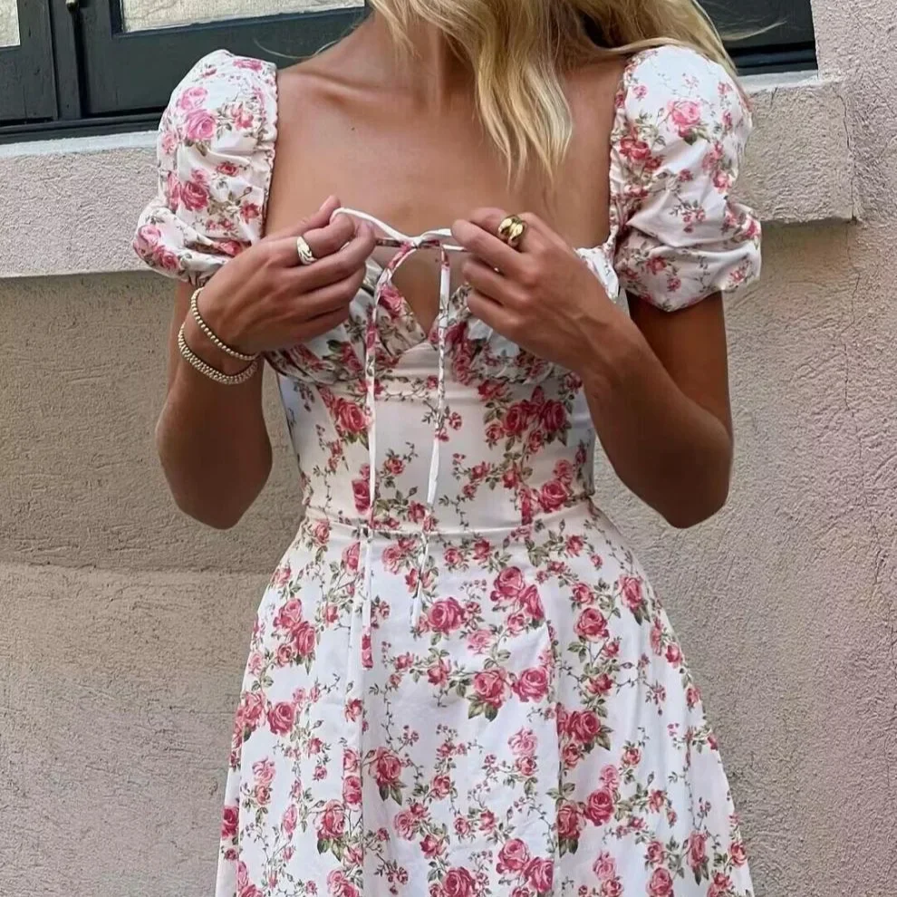 Dames nieuwe retro sprookjesstijl casual bubble mouw korte mouwen slim fit vierkante hals bloemenprint laag uitgesneden jurk