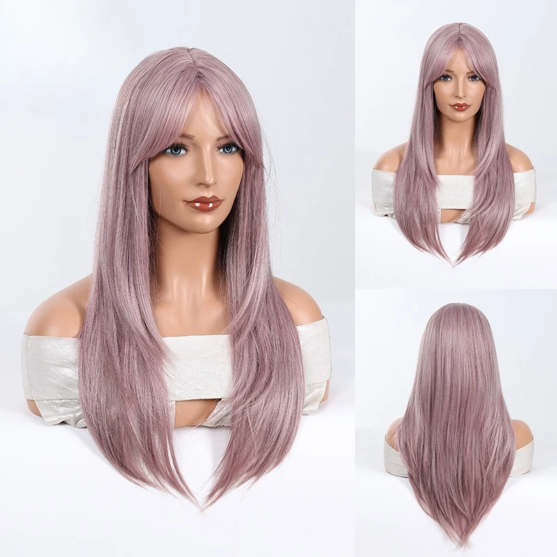 

Fashion lavender wig women's full head cover repair eight-character bangs long straight hair wig natural realistic wig straight