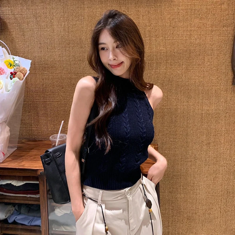 

Модный повседневный облегающий эластичный вязаный жилет с бретелькой на шее для женщин