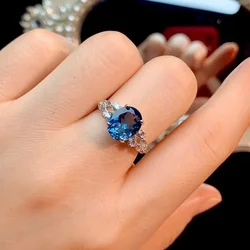 Deep Bule Natural Topaz Ring for Daily Wear 8mm * 10mm VVS 3ct London Blue Topaz 925 Silver Jewelry November Birthstone Ring