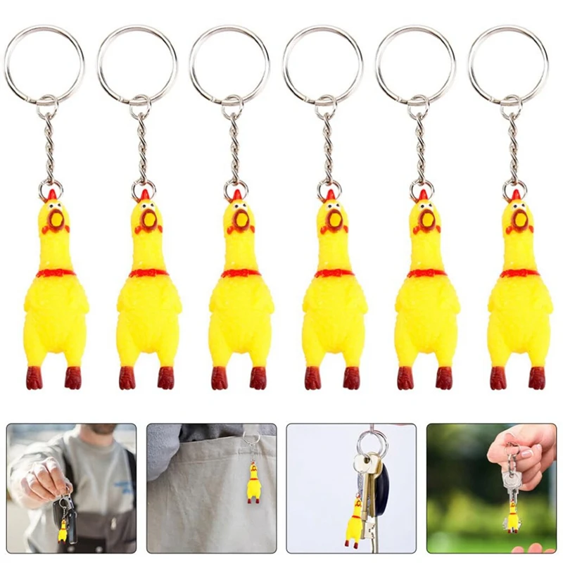 Pendant Keychain Key Rings Mini Rubber Squeeze Screaming Chicken Toy For Keys Bags 6 Pack