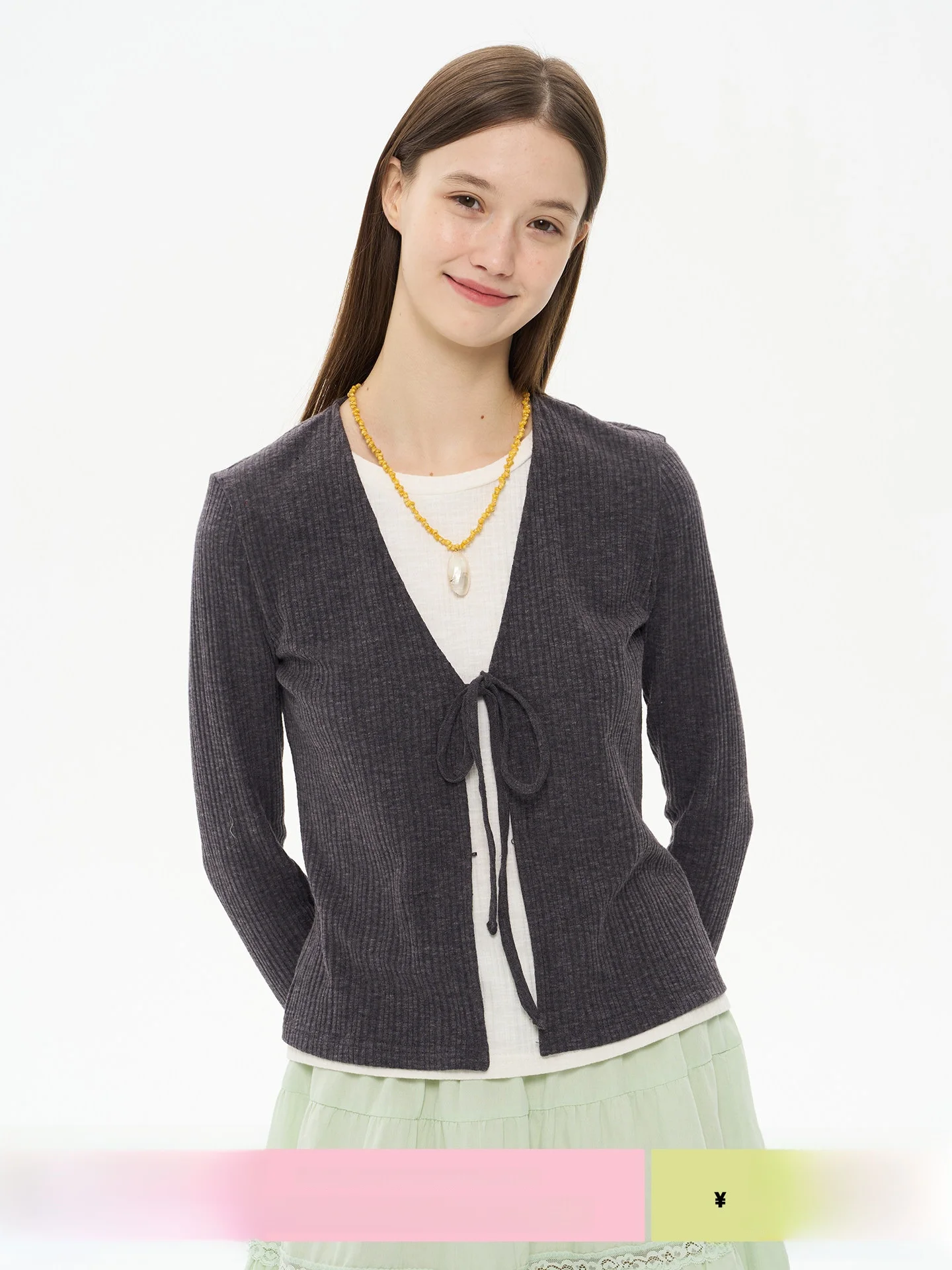 

Heris V-Neck Belted Fake Two-Piece Open Cardigan Bamboo Fiber Knitted Long Sleeve Simple Versatile Women's Top Polyester Blend