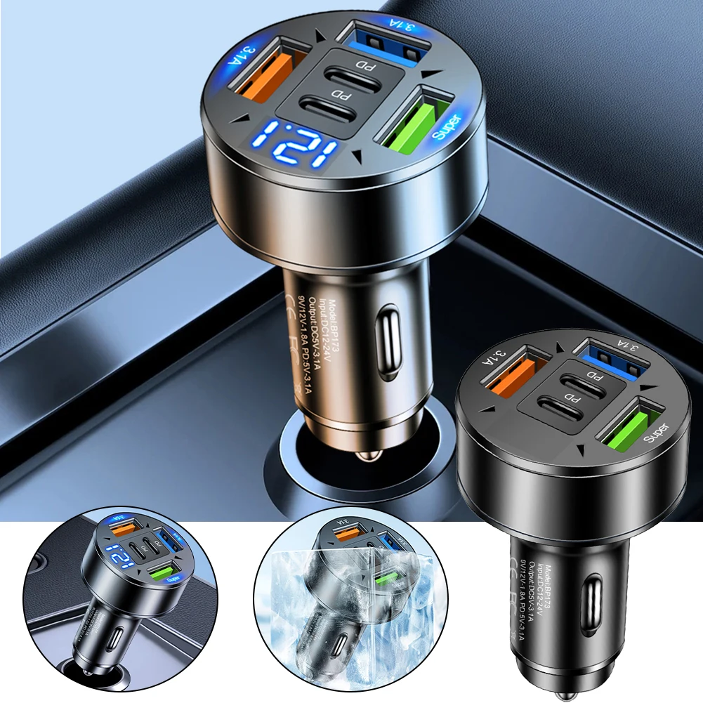 Car Charger ABS Aluminum Alloy 4*4*6cm 12-24V DC5V-3.1A 9V 5 Ports LED Digital Display Fast Charging Car Phone Charger Adapter