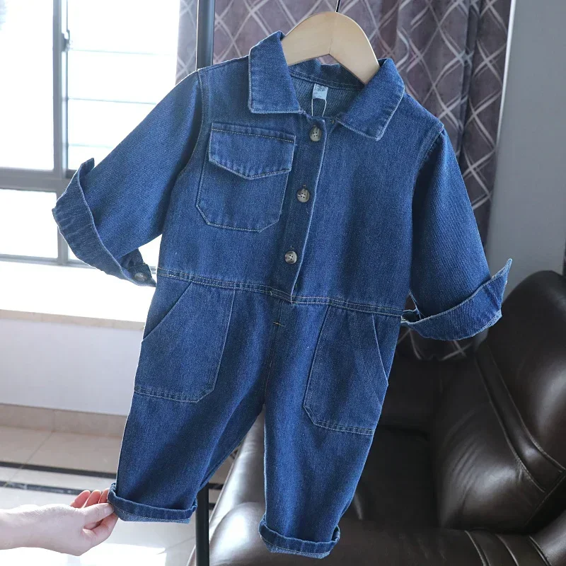 Fashion Kids Baby Denim Overalls Spring Autumn Long Sleeve Loose Jean Jumpsuits Boys Girls Loose Romper