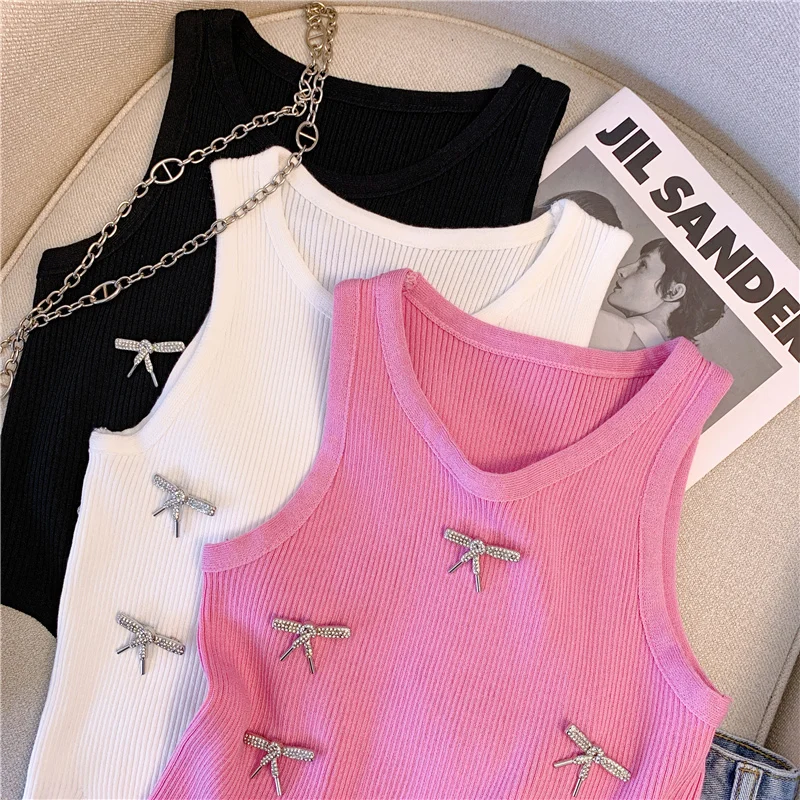 2024 Summer Stylish Sweater Vests For Women Crop Tops Knitwear 2024 Summer Sleeveless Bowtie Sexy Chic Fashion Ladies Jumpers