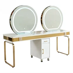 Beauty Salon Hair Dressing LED Mirror Makeup Station 4 Person Round Mirror Table