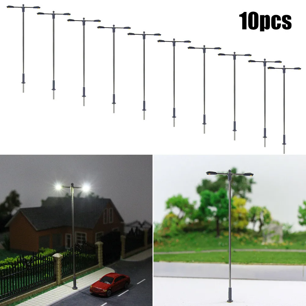 10pcs Double Whip Lamps LED 104mm H0 / 00 Street Lamp Flexible Height Railroad Decoration Building Landscape Accessories