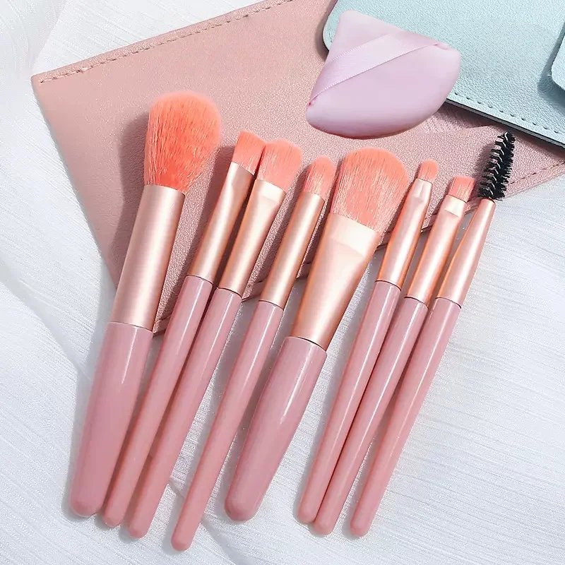 9 Pcs Pink Makeup Brush Set with Triangular Powder Puff, Portable Travel Makeup Set, Facial and Eye Makeup Brush Tools
