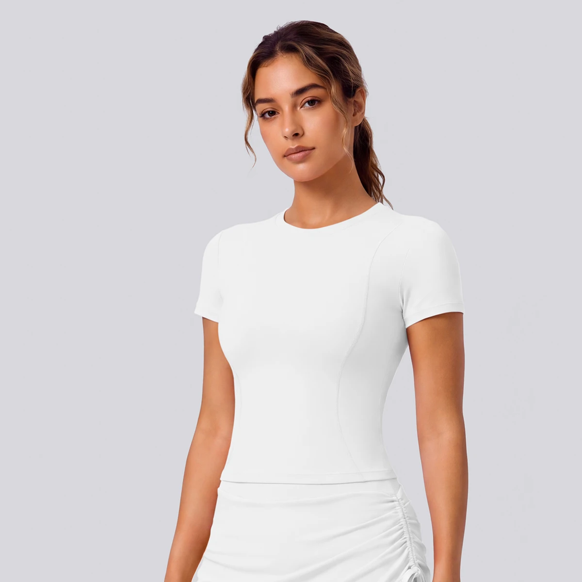 Rooftrellen Schnelltrocknendes Enges Yoga-T-Shirt für Damen, Kurzarm, Einfarbig, Atmungsaktives Sport-Top für Fitness und Yoga – Detail 6