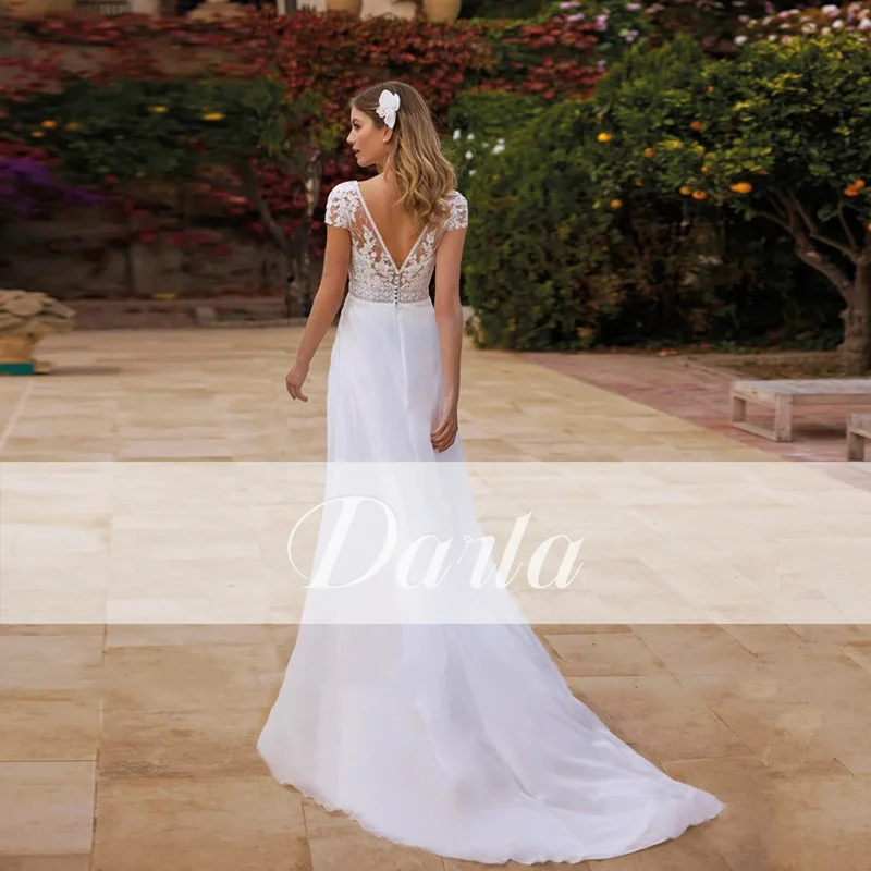 Darla Elegant A-Line Lace Appliques Wedding Dress Short Sleeve Sexy V-Neck Bridal Gown Backless Illusion Train Robe Customized