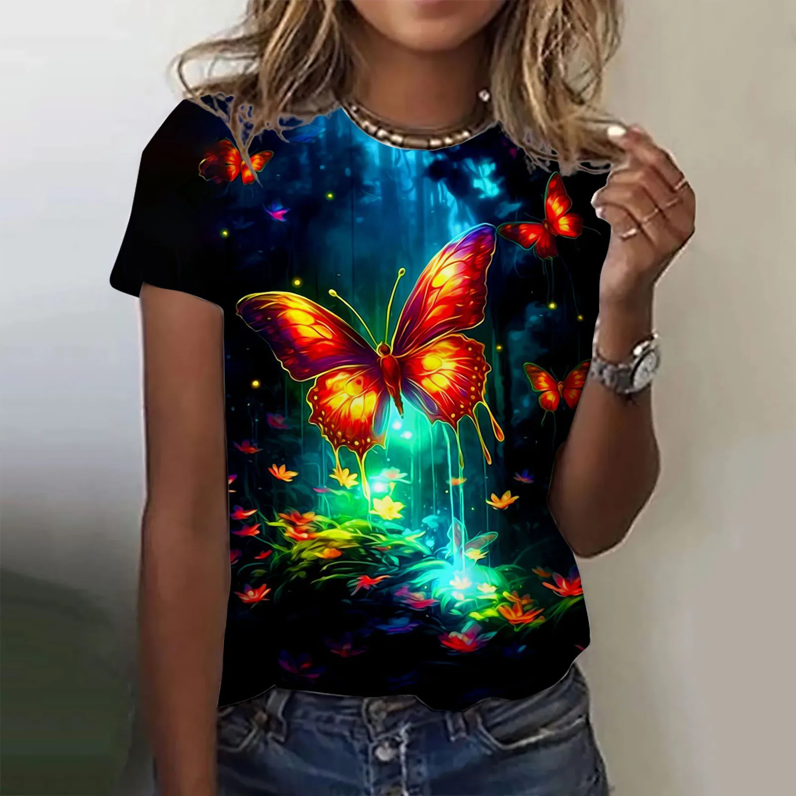 

Summer Colorful Butterfly Floral T-shirt 3D Print Women Short Sleeve T Shirts Streetwear Harajuku Y2k Tops Woman Tees Clothing
