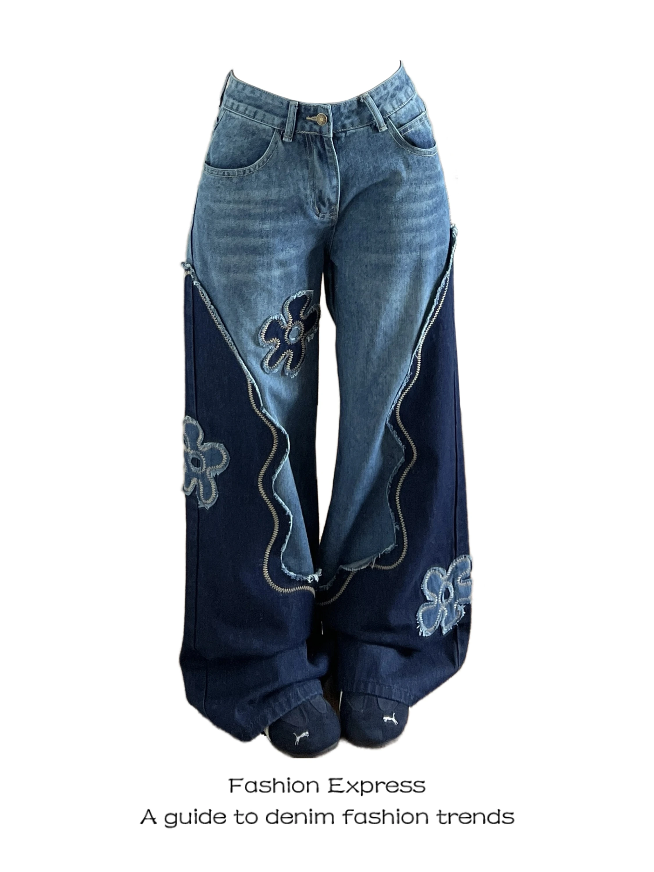 

Embroidered Denim Jeans Women's Spring 2026 New American Retro Patchwork Heavy Embroidery Wide Leg Loose Slimming Trousers