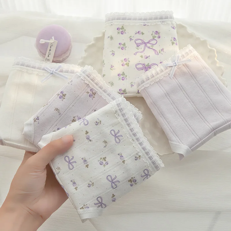 new Young girl Underwear 6pc/lot Cotton Lovely middle Waist Briefs student lace Panties children purple bow fashion Teenagers