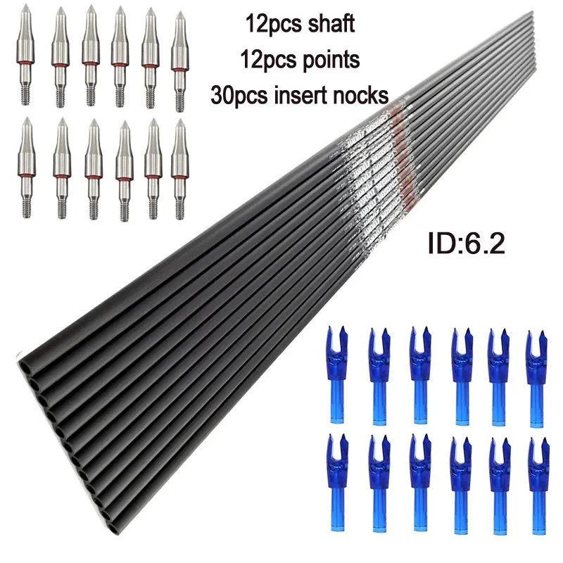 Tiro com arco Carbono Setas Eixos para Caça, Dicas de Alta Qualidade, 100 Grãos, DIY, Acessórios, 300-800, ID6.2mm, 12Pcs