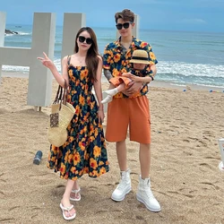 Beach Family Matching Clothes Resorts Look Mom Daughter Suspenders Smock Dress Women Floral Dresses Dad Son Vacation Shirts Sets