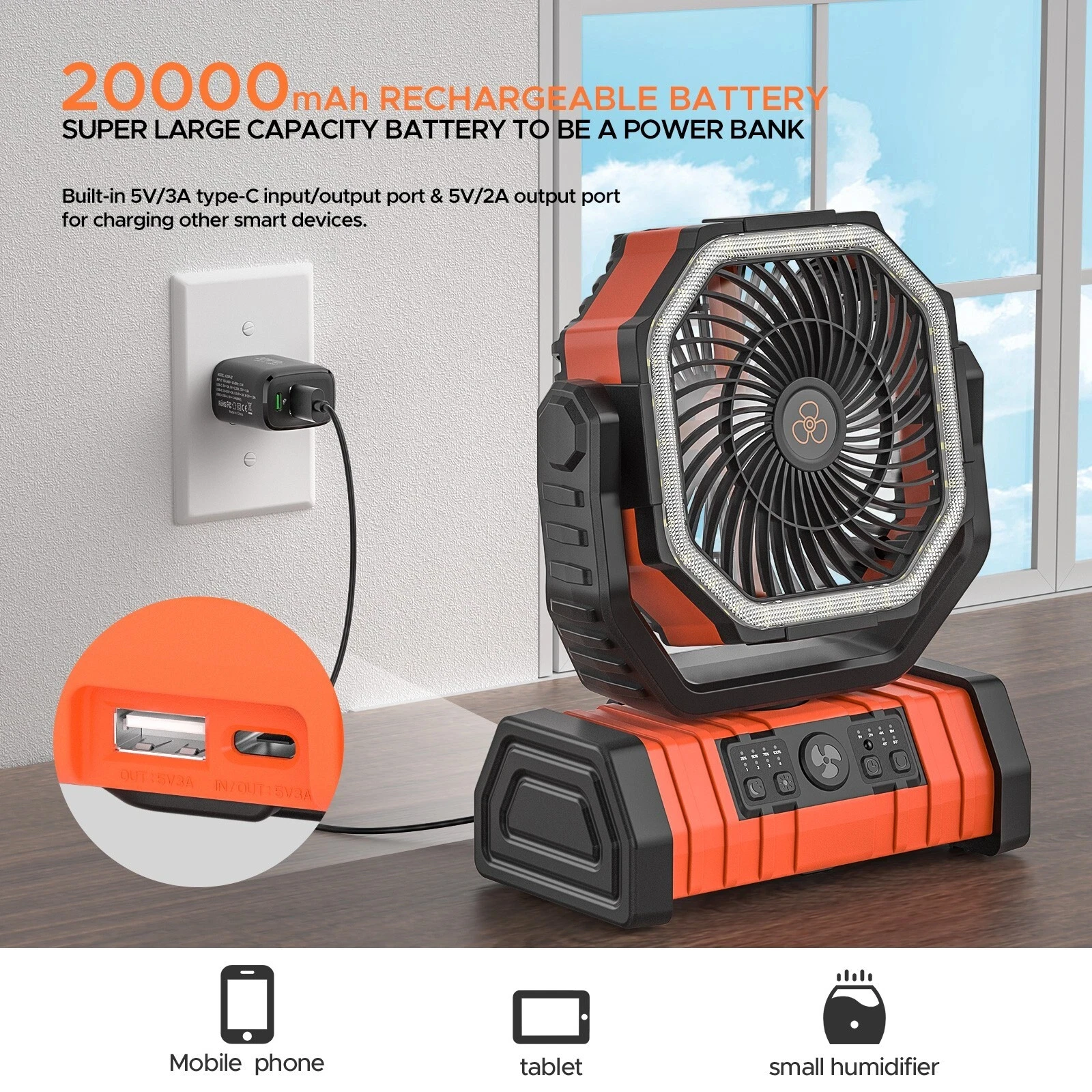 XIAOTREE Camping Fan 20000mAh Battery Powered Fan Rechargeable with LED Light Portable Outdoor Tent Fan with Hanging Hook image 2