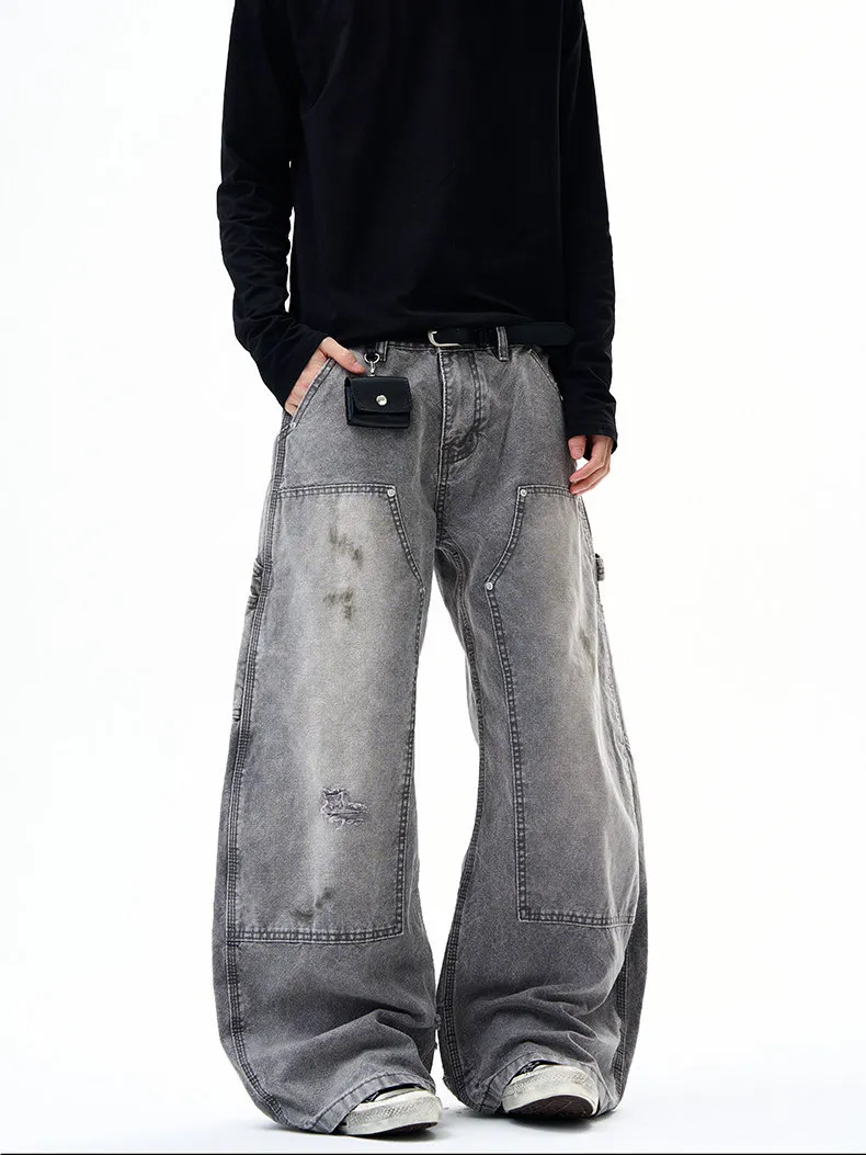 

Retro American High Street Men's Loose Wide Leg Jeans Double Knee Logging Workwear Denim Pants Baby Pants Casual Wear