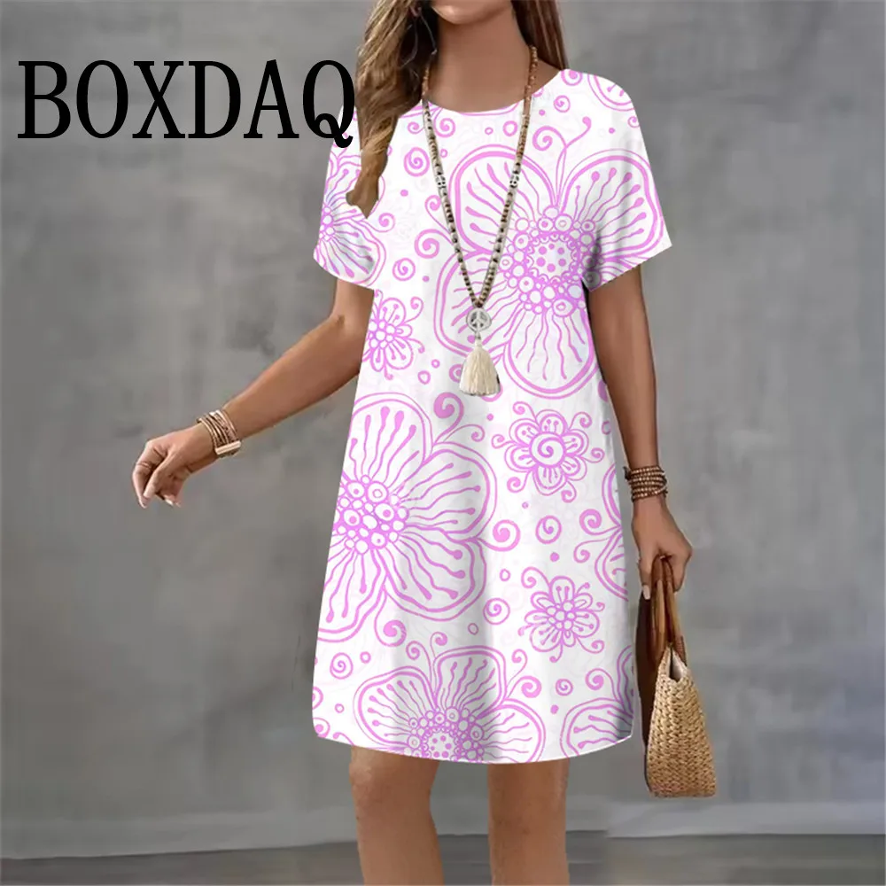 2026 여름 여성 드레스 3D 타이다이 꽃무늬 프린트 반팔 의류 우아한 루즈핏 A라인 드레스 패션 여성 캐주얼 드레스