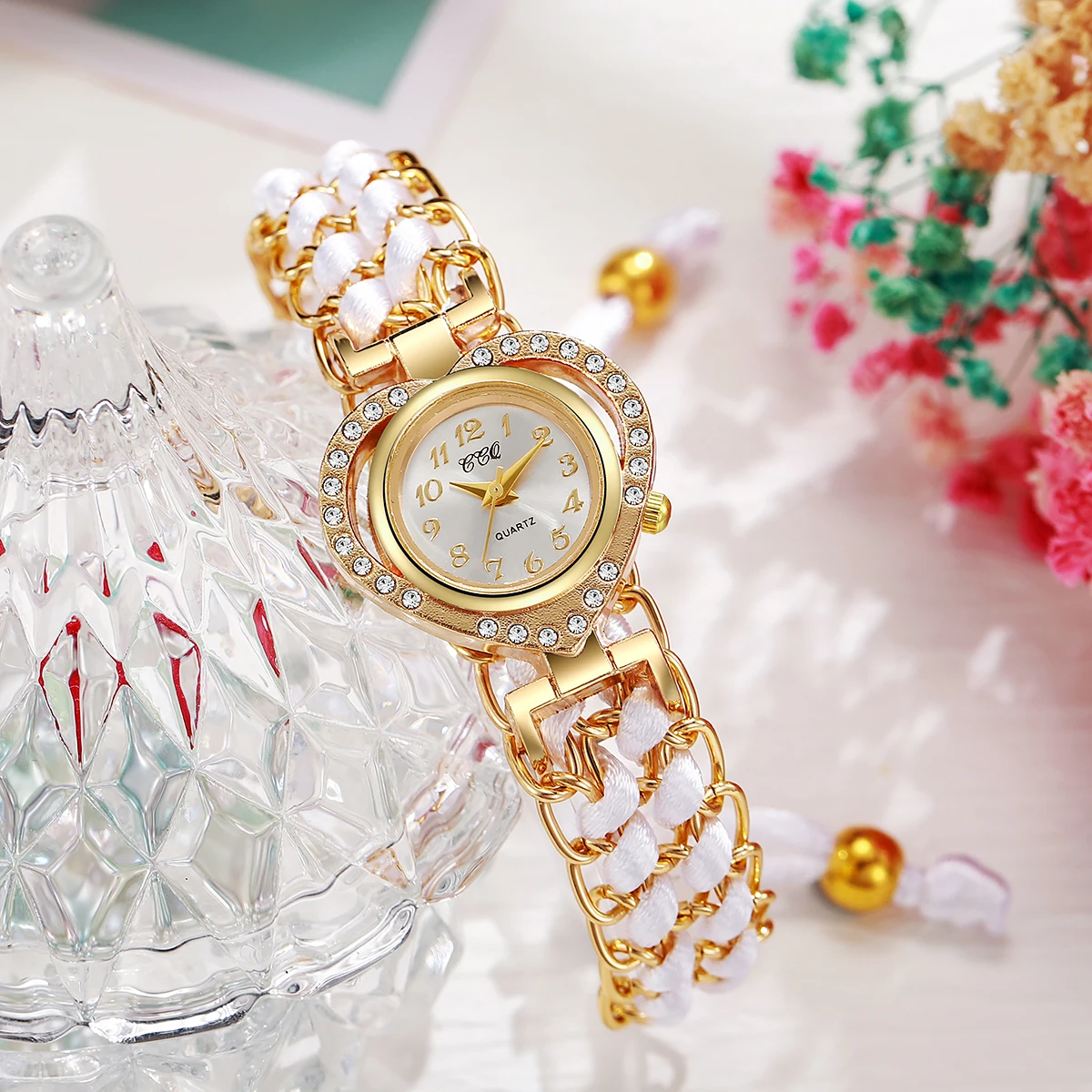 Luxury Rhinestone Women Watches Fashion Heart Dial Woven Strap Ladies Quartz Wristwatch Reloj Mujer（Without Box） image 4