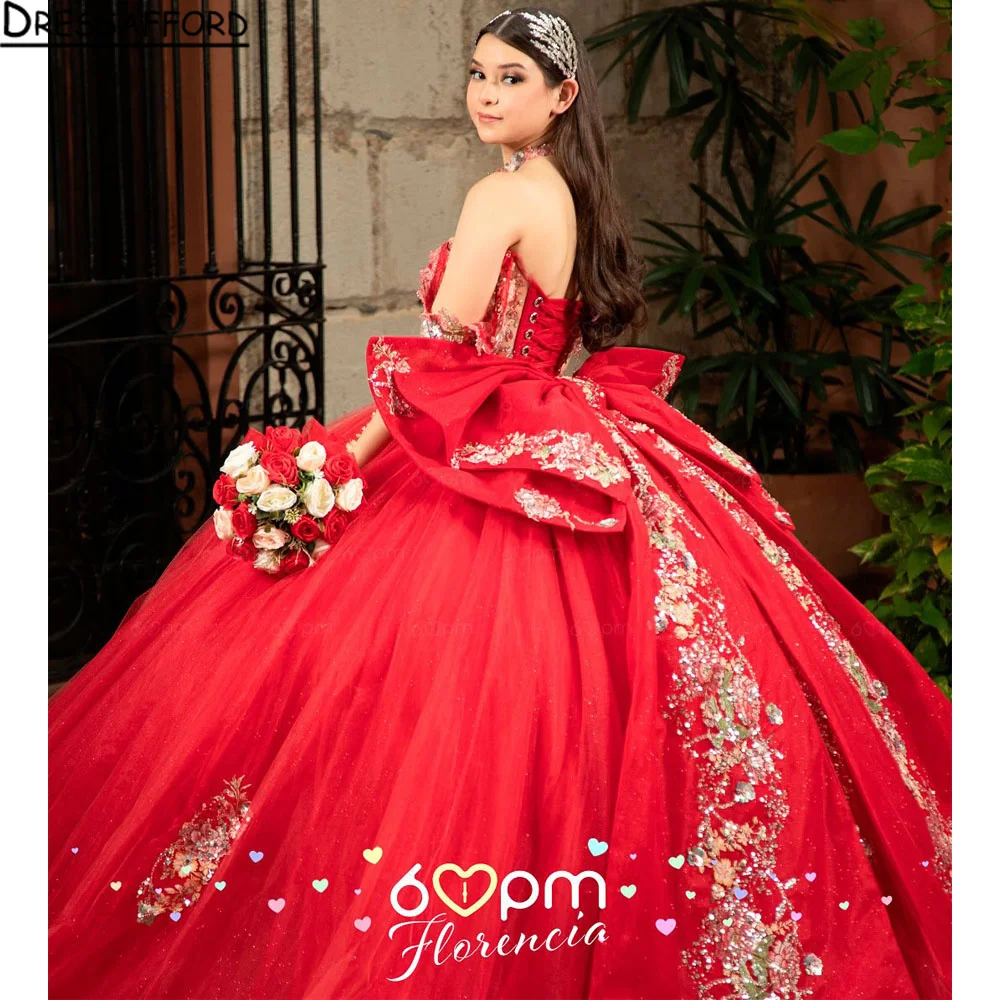 

2026 Red Ball Gown Quinceanera Dress Shiny Gold Lace Applique Beading Bow Sweet 16 Vestidos De 15 Anos