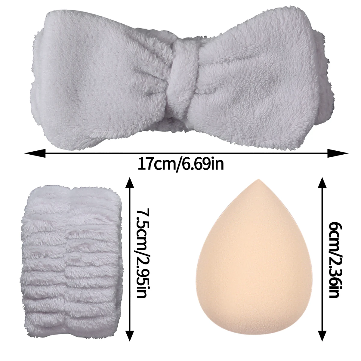 2025 Nuovo set di 4 strumenti per la cura della pelle e il trucco: include fascia per capelli con fiocco, braccialetto resistente all'acqua + set di spugna di bellezza e soffio per cipria