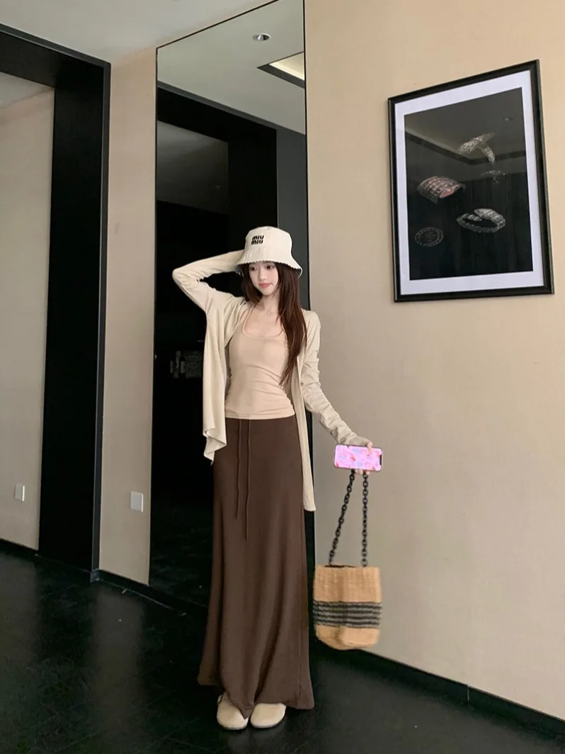 

Soft Style Three-Piece Women's Set High Waist Skirt Long Sleeve Open Cardigan Casual Fashion Lightweight Summer Outfit