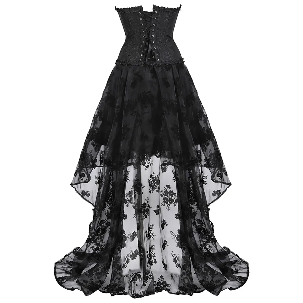 Sexy Victorian Corset Dress Tutu Black Overbust Corset Women Lace Skirt Set Gothic Plus Size Costume Burlesque Corselet Clubwear