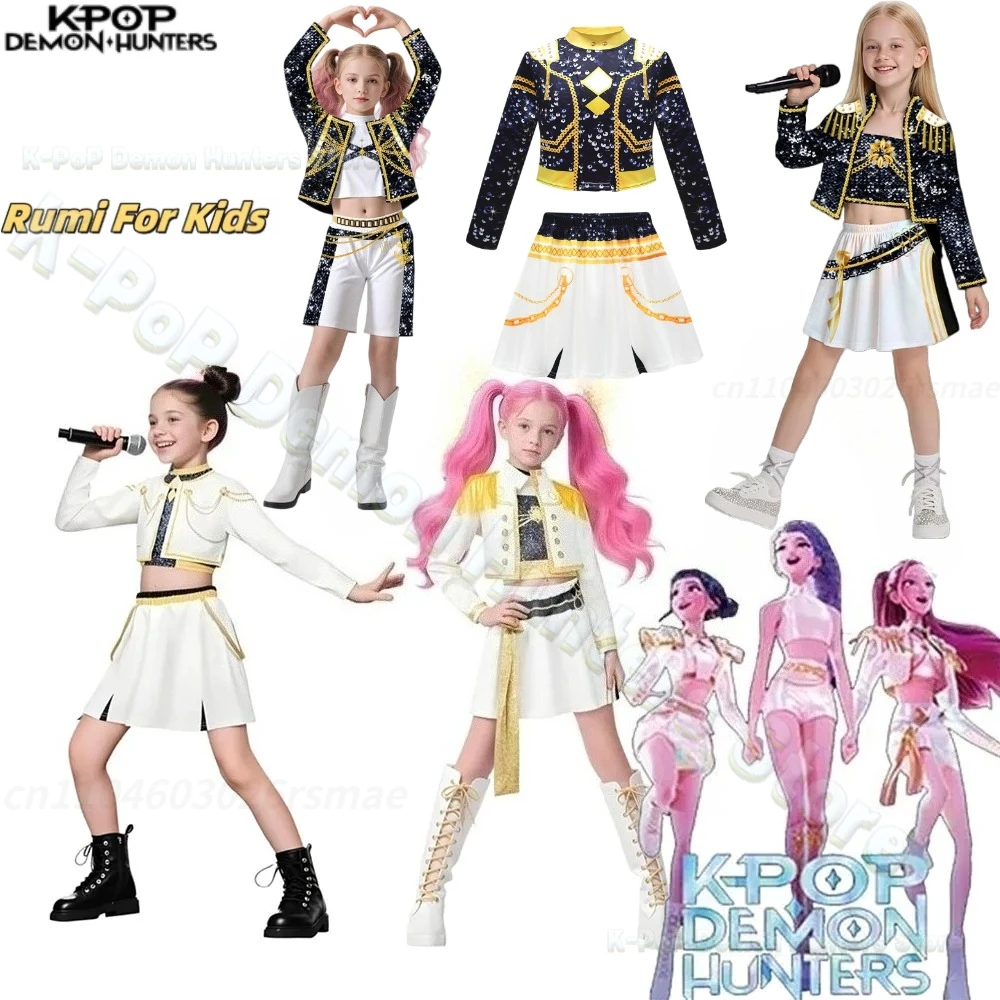 

2025 Kpop Demon Hunters Cosplay Costume Kids Girls Coat Vest Skirt Kpop Group Idol Clothes Halloween Carnival Party Suit Rumi