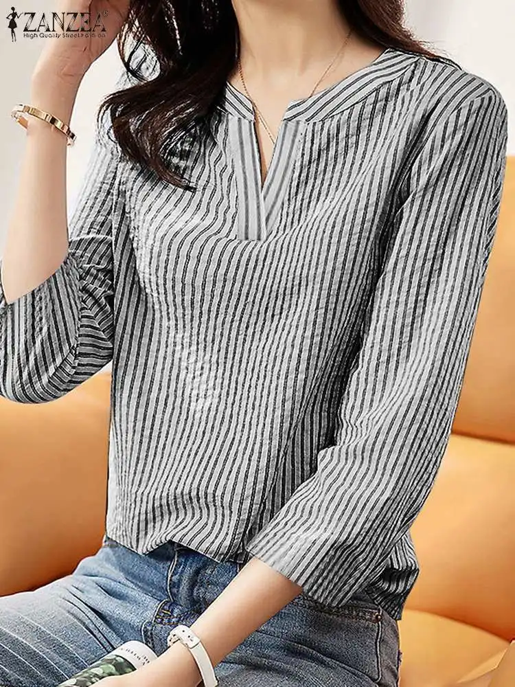 ZANZEA-Blusa de manga 3/4 con cuello en V para Mujer, camisa informal a rayas, Tops de trabajo para Mujer, Blusas de fiesta para Mujer