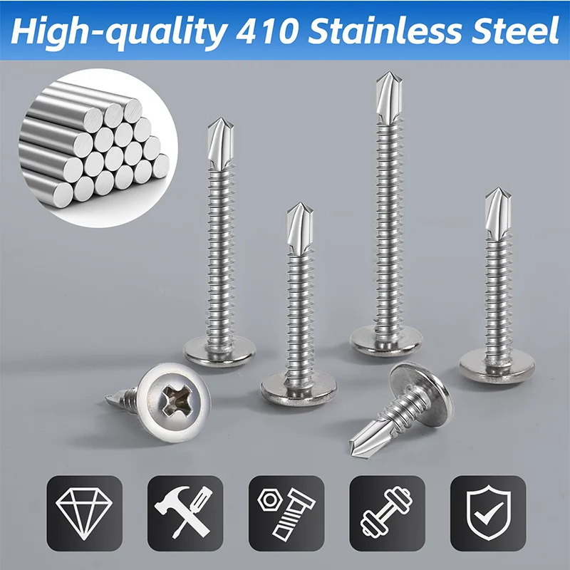 200 Stück selbstschneidende Schrauben für Metall, 410 Edelstahl, selbstbohrende Schrauben # 8 # 10-teiliges Truss-Head-Blechschrauben-Set 1/2" 1-1/4 – Detail 1