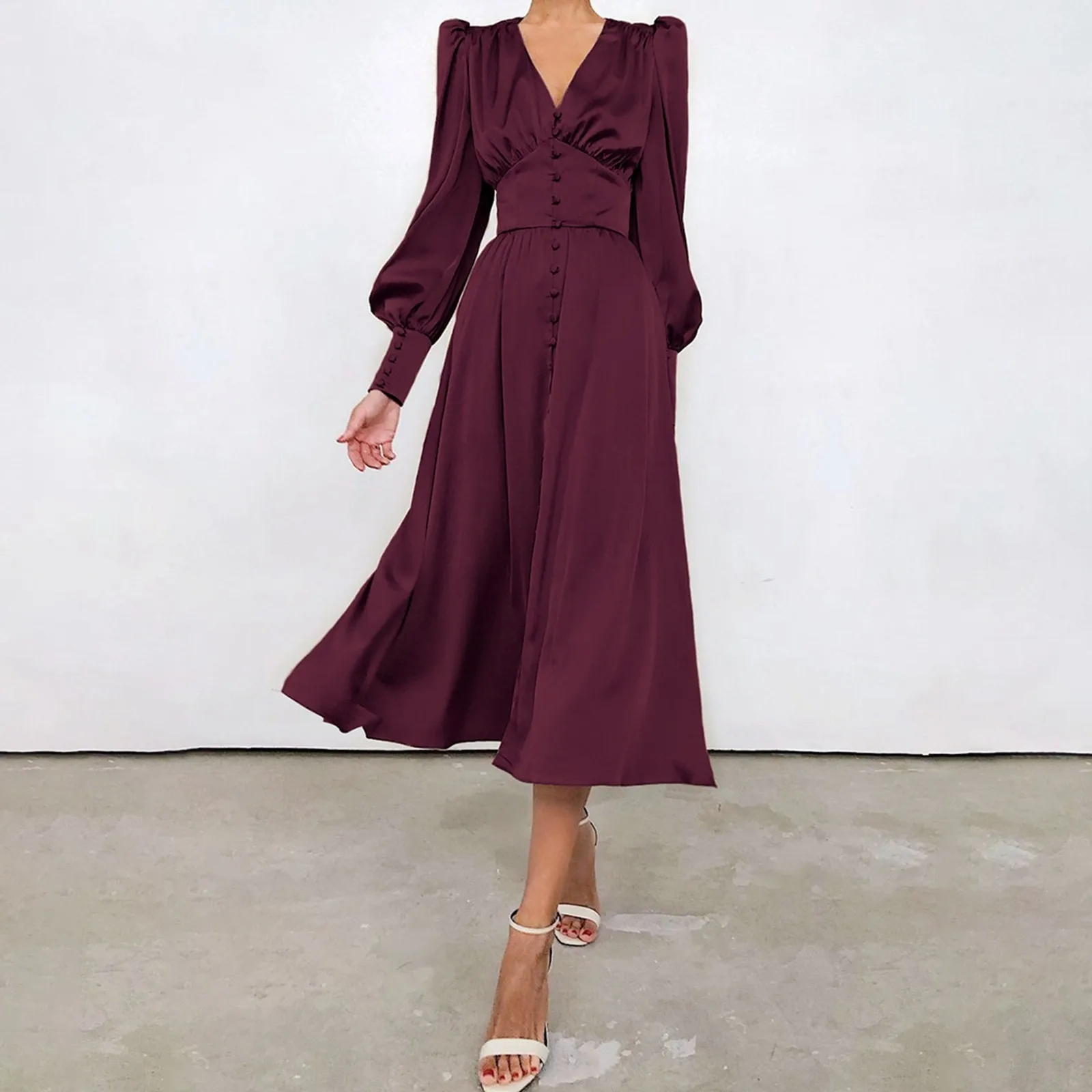 

Single Breasted Elegant Dress For Women Party Robe High Waist Satin Long Dress Chic Midi Dresses Lantern Sleeve Guest Dress