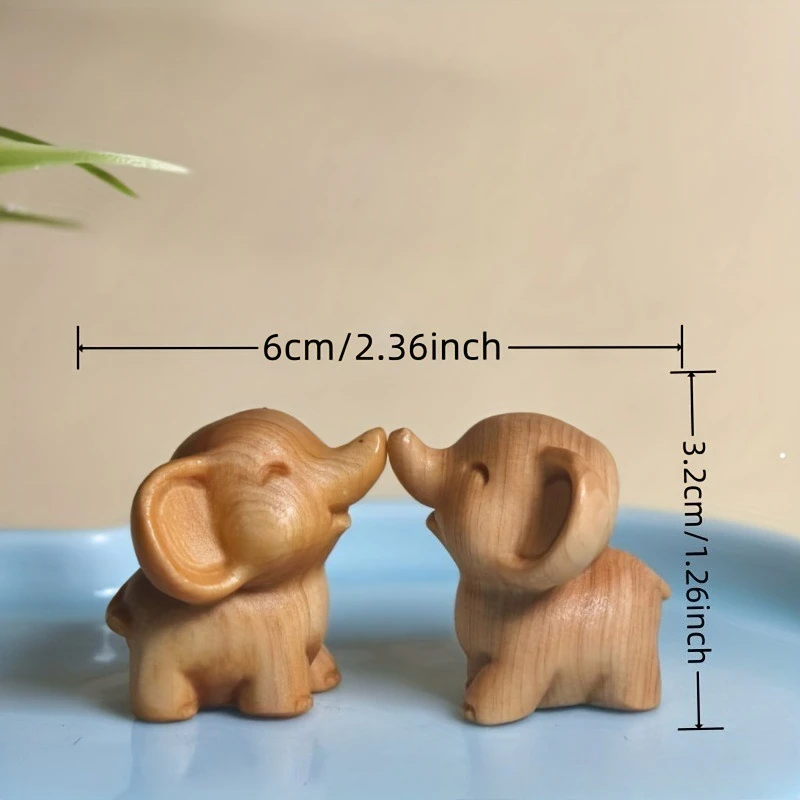 2 PCS Set Cute Cartoon Elephant Baby Sculpture Thuja Wood Carving Craft Handheld Figurines Home Desk Decor Handicraft Ornament