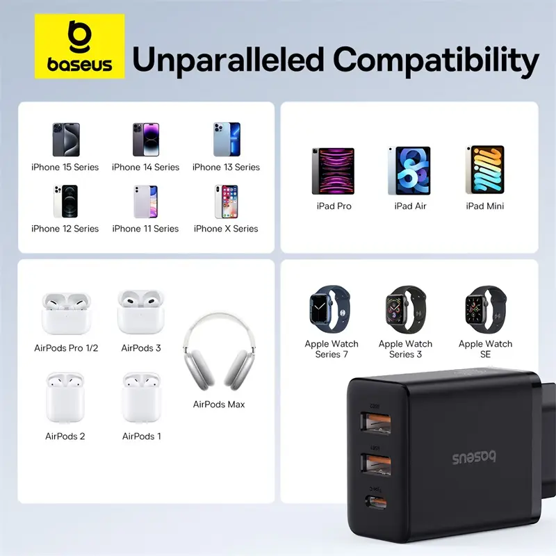 شاحن يو اس بي من بايسوس بقوة 30 واط QC3.0 PD3.0 Type C PD شحن سريع 3 منافذ شاحن هاتف سريع لهواتف آيفون 15 14 13Pro ماكس وشاومي وسامسونج - 6