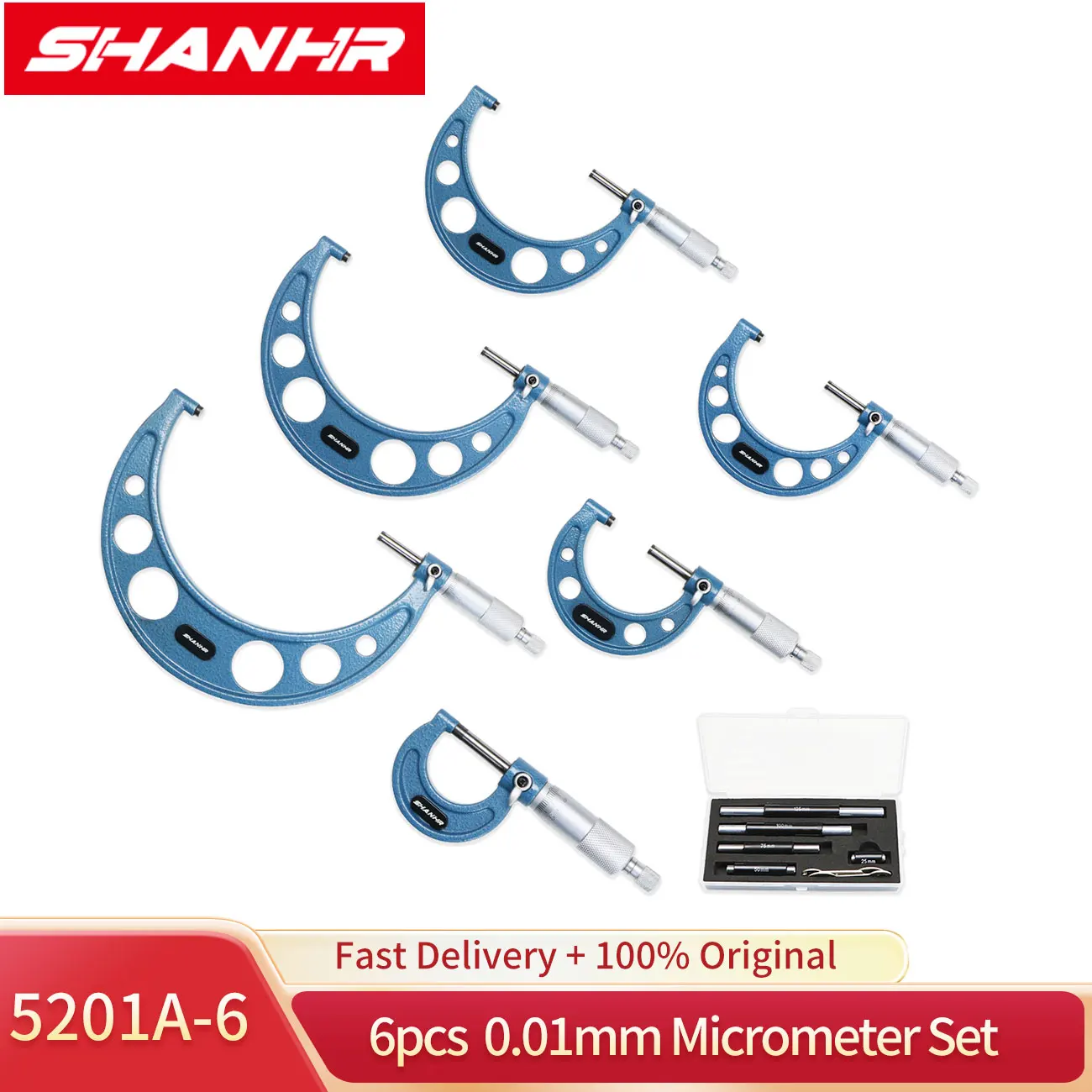 

SHANHR 6 Pcs Outside Micrometer Set 0-150mm Range 0.01mm Graduation Machinist Micrometer with Strong Box