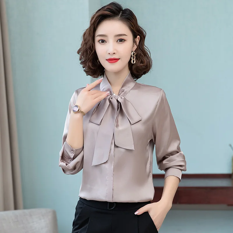 Elegant Office Lady Blouses Women 2022 Fashion Korean Lace Up Bow Satin Shirt Solid Long Sleeve Tops Femme Blue Red Black Pink